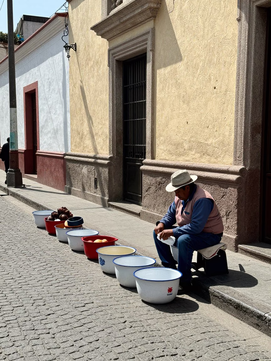 Lima Peru Midday Street Scene with Enamel Bowls and Local Life in in Lima, Peru