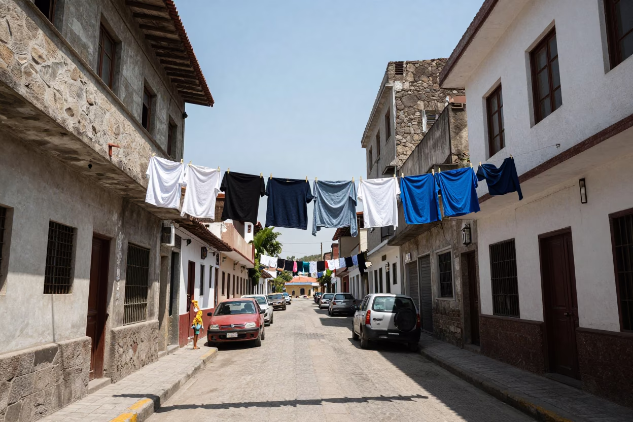 Lima Peru Midday Street Scene with Laundry Drying and Local Market Activity in in Lima, Peru