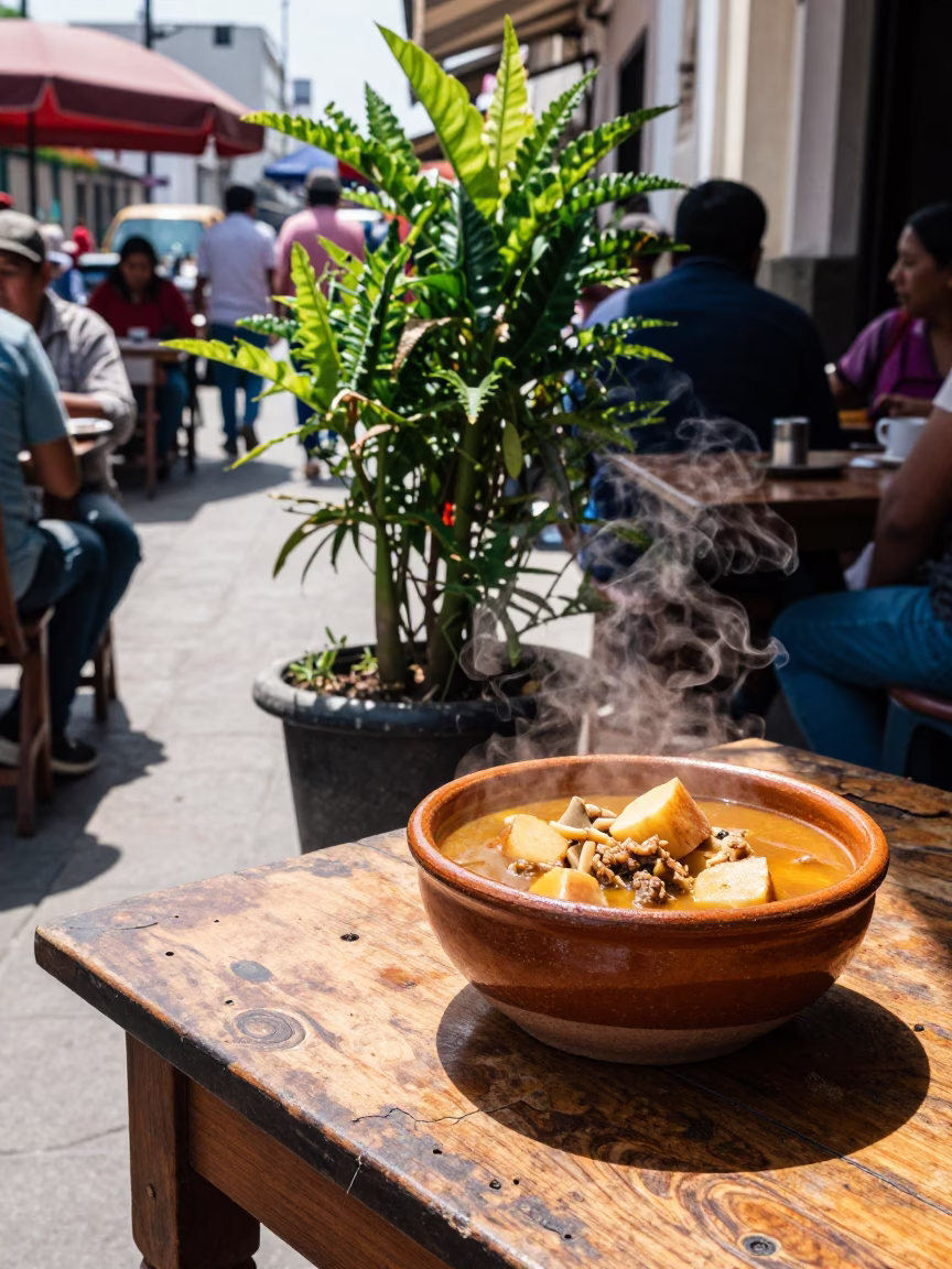 Lima Peru Midday Street Scene with Sancocho Stew and Plant Pot in in Lima, Peru