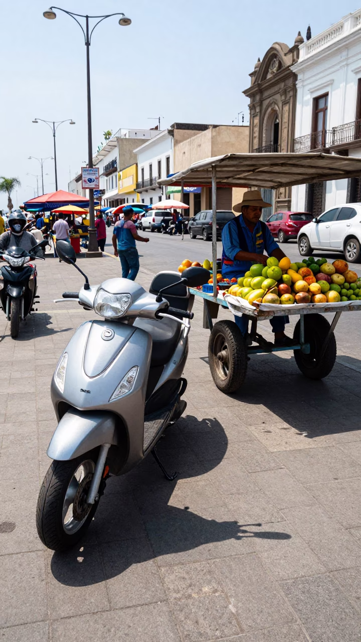 Lima Peru Midday Street Scene with Scooter and Local Market Activity in in Lima, Peru