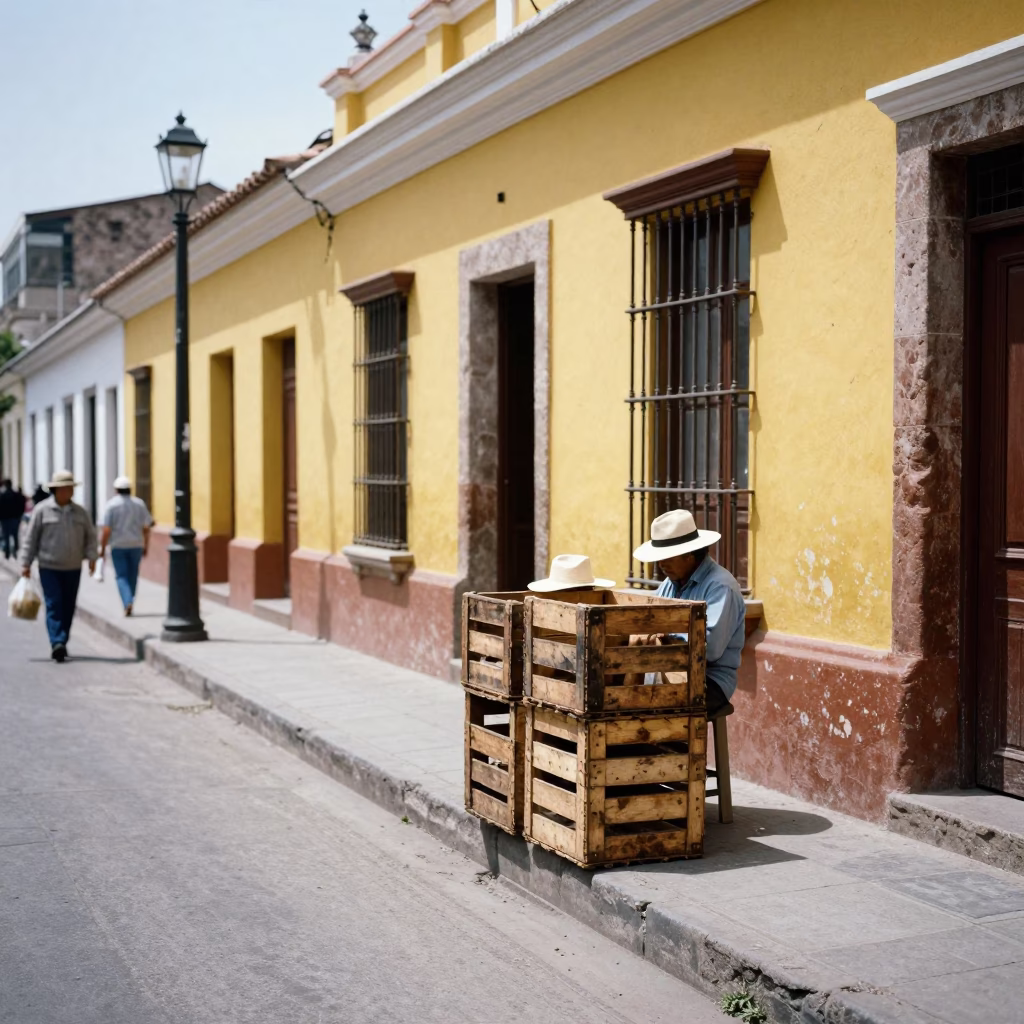 Lima Peru Midday Street Scene with Sun Hats and Wooden Crate on Busy Sidewalk in in Lima, Peru