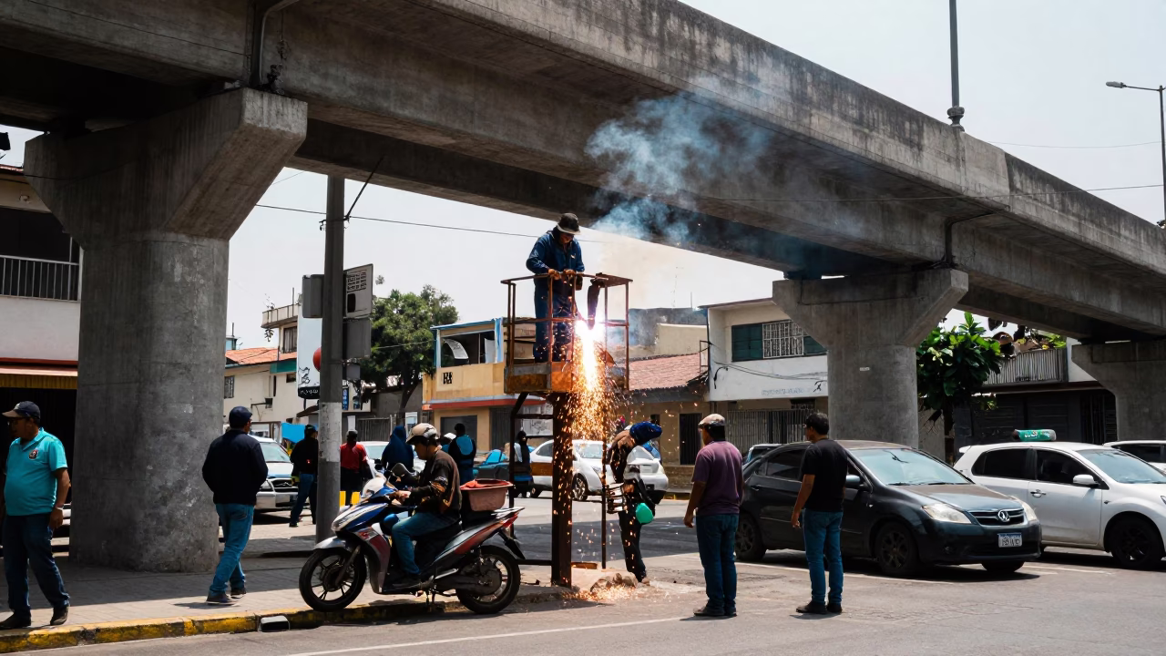 Lima Peru Midday Street Scene With Welding Sparks And Urban Construction Activity in in Lima, Peru