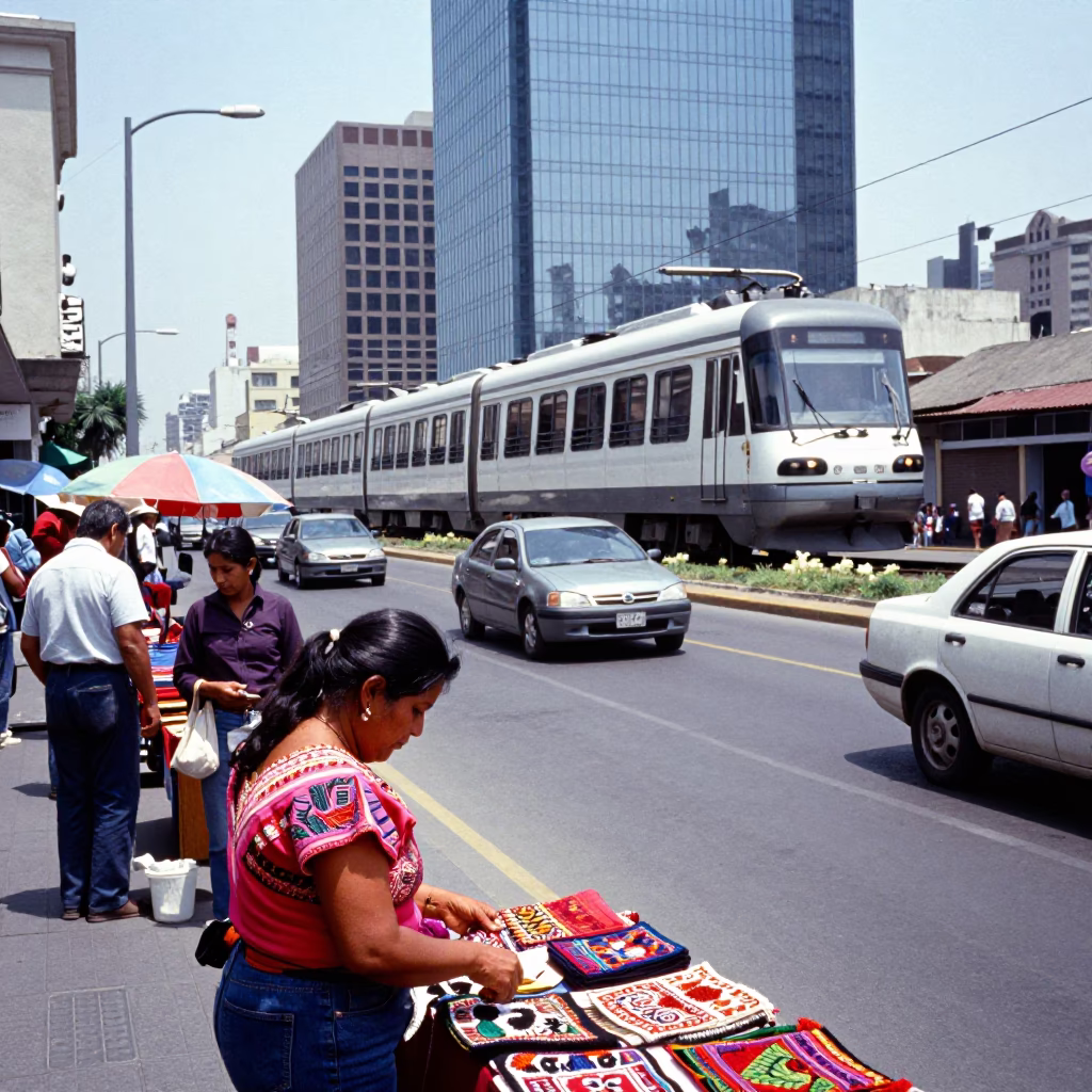 Lima Peru Midmorning Street Scene with Monorail and Local Commerce in in Lima, Peru