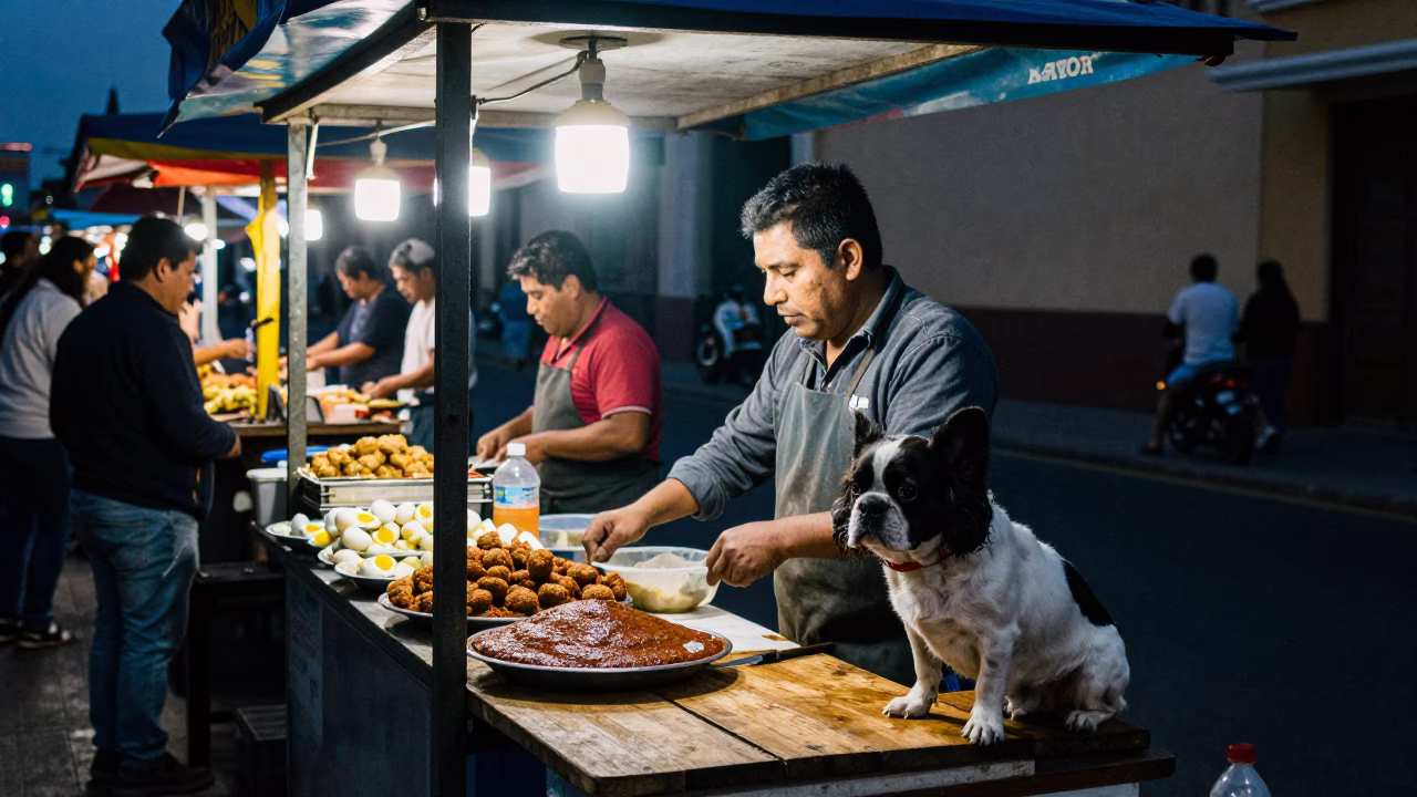 Lima Peru Midnight Street Food Vendor with Kibbeh and Egg Coffee in in Lima, Peru