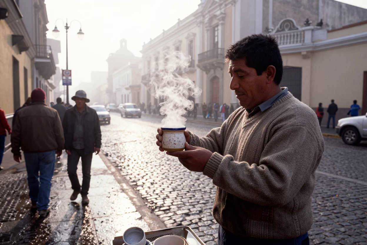 Lima Peru Misty Dawn Street Vendor Steam Rising from Cup in in Lima, Peru