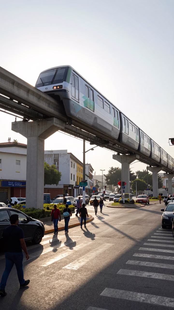 Lima Peru Monorail Passing Over Busy City Street in Late Morning Light in in Lima, Peru