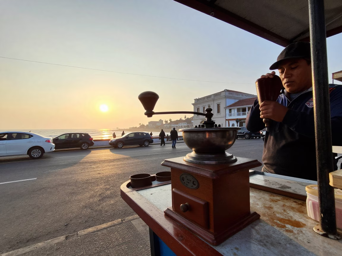 Lima Peru Morning Street Scene with Vintage Coffee Grinder and Wooden Crate in in Lima, Peru