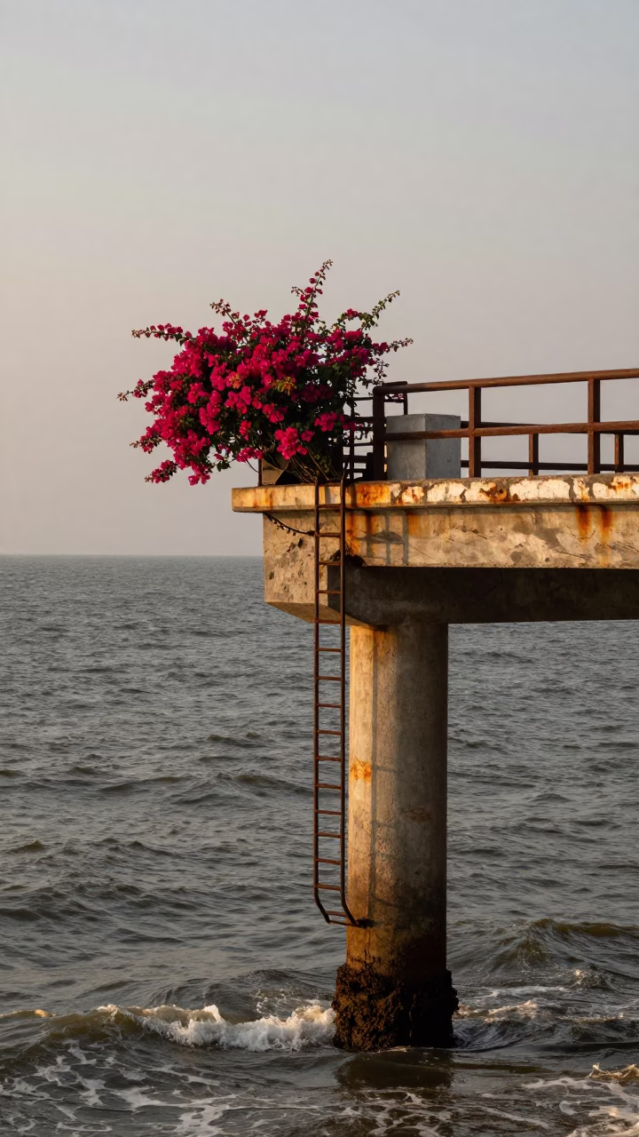 Lima Peru Nautical Dawn Bougainvillea Bridge Pier Inspection Ladder Choppy Estuary Water Realistic Photograph in in Lima, Peru