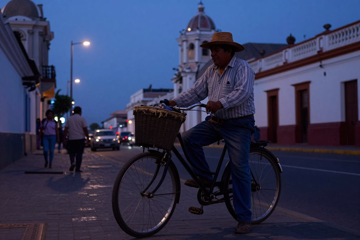 Lima Peru Nautical Dawn Street Scene with Bicycle Basket and Urban Architecture in in Lima, Peru