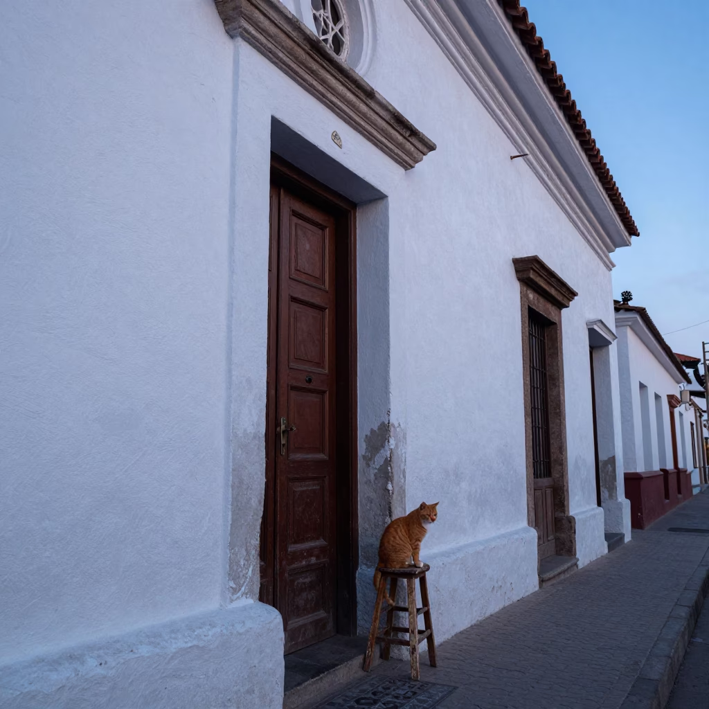 Lima Peru Nautical Dawn Street Scene With Ginger Cat And Stool in in Lima, Peru