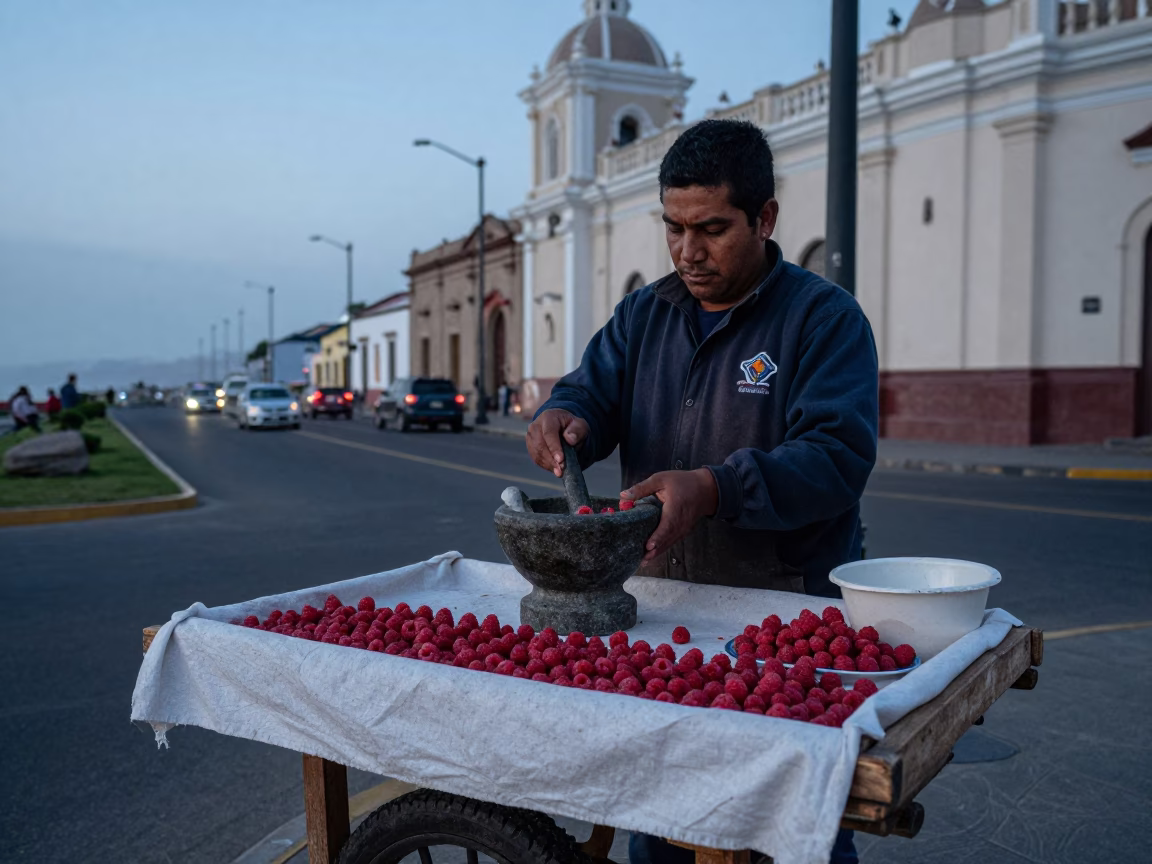 Lima Peru Nautical Dawn Street Scene with Raspberries and Mortar Pestle in in Lima, Peru