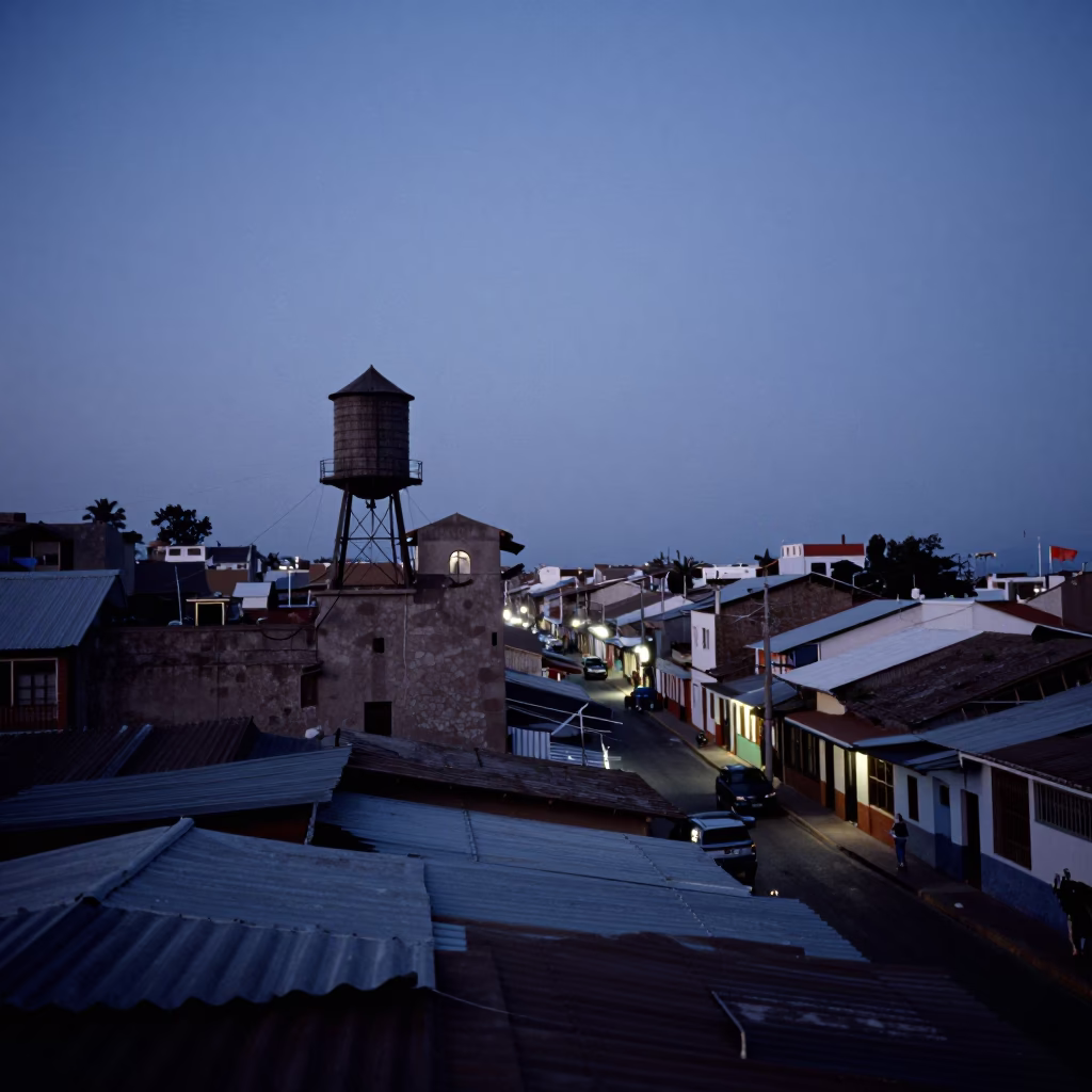 Lima Peru Nautical Dawn Street Scene with Rooftop Water Tower and Urban Morning Activity in in Lima, Peru