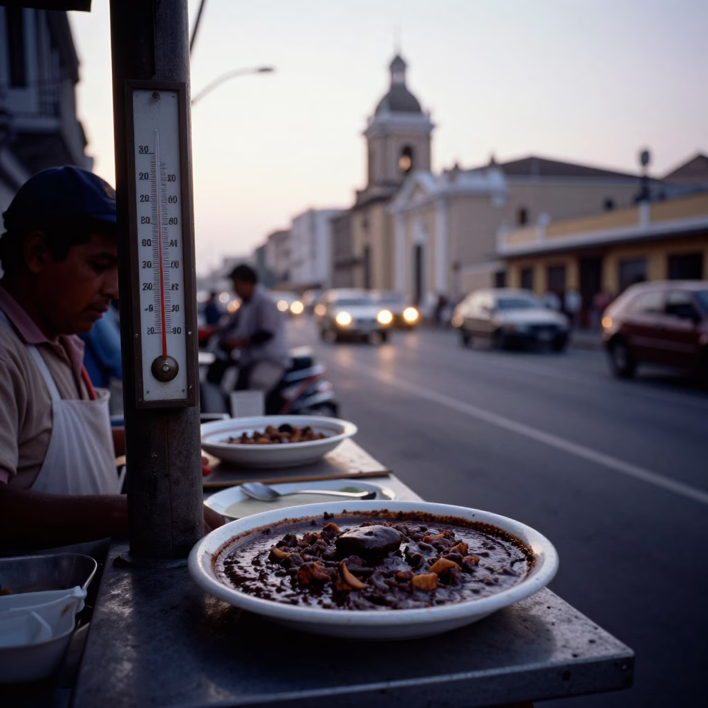 Lima Peru Nautical Dawn Street Scene With Thermometer And Mole Poblano Plate in in Lima, Peru