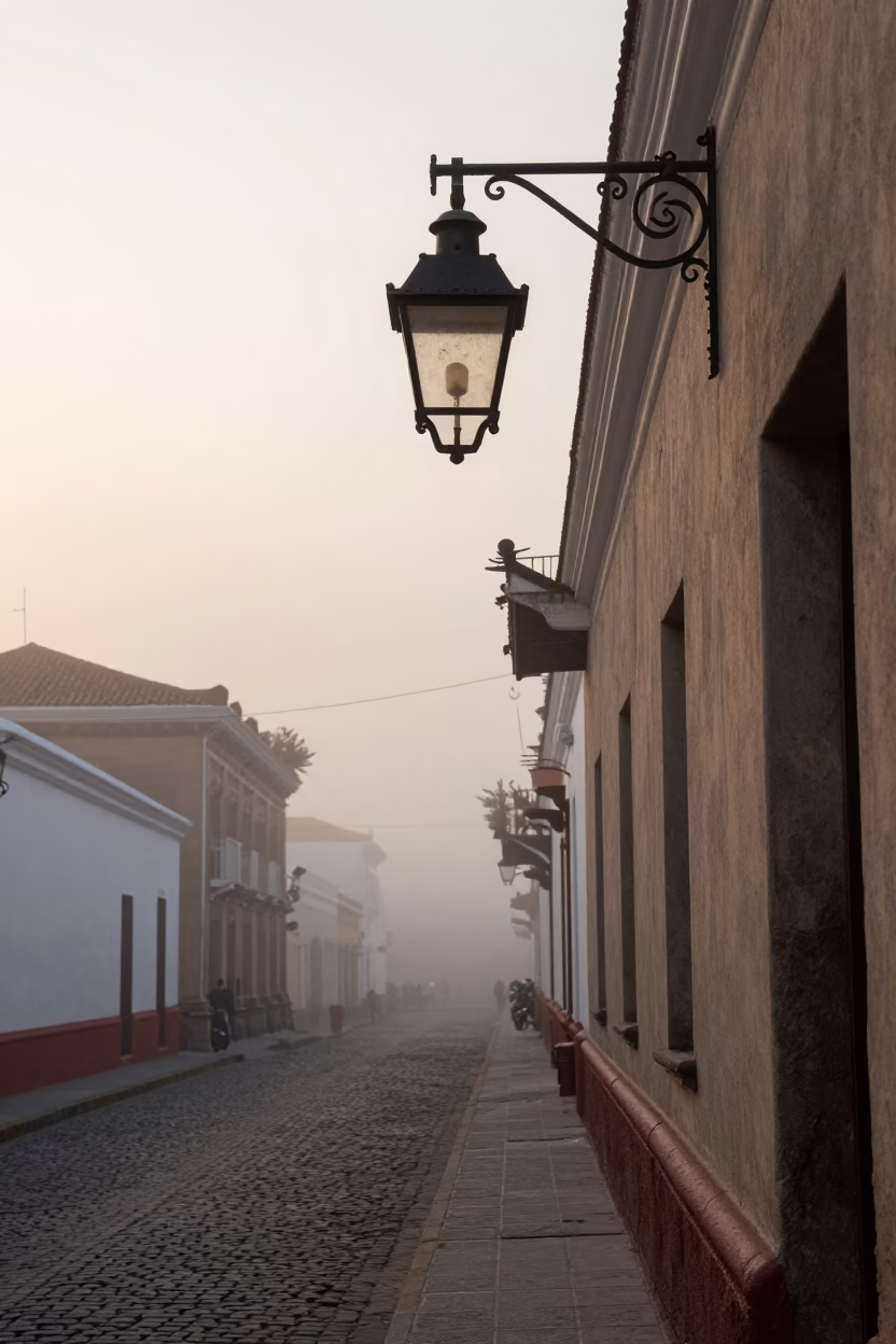 Lima Peru Nautical Dawn Street Scene with Vintage Hurricane Lamp and Coastal Fog in in Lima, Peru