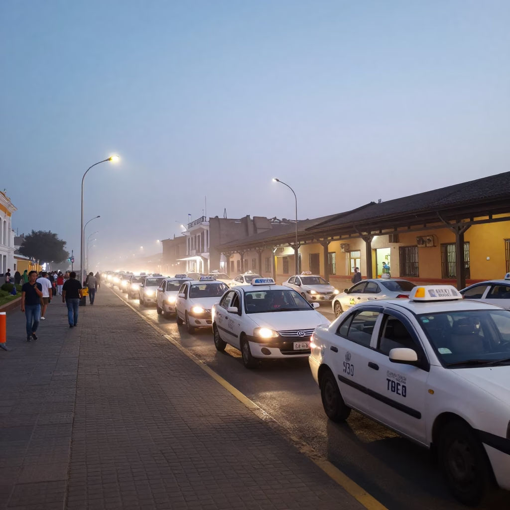 Lima Peru Nautical Dawn Taxi Rank Outside Train Station With Yellow Cabs in in Lima, Peru