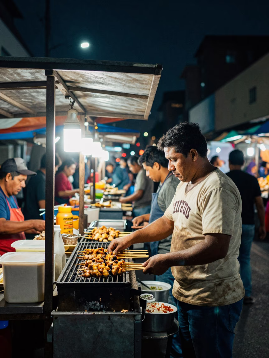 Lima Peru Night Market Food Court Street Scene Under Deep Night Sky in in Lima, Peru