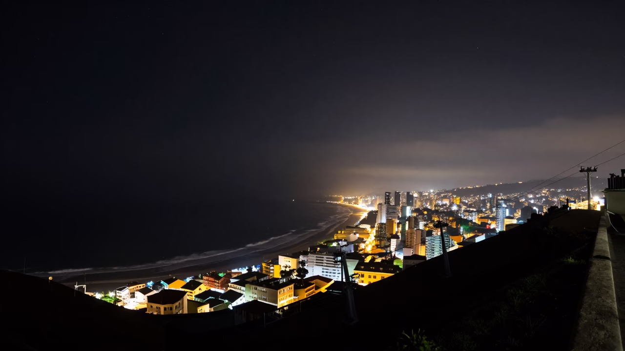 Lima Peru Night Sky Panorama Over Pacific Coast And Funicular Railway Hillside in in Lima, Peru