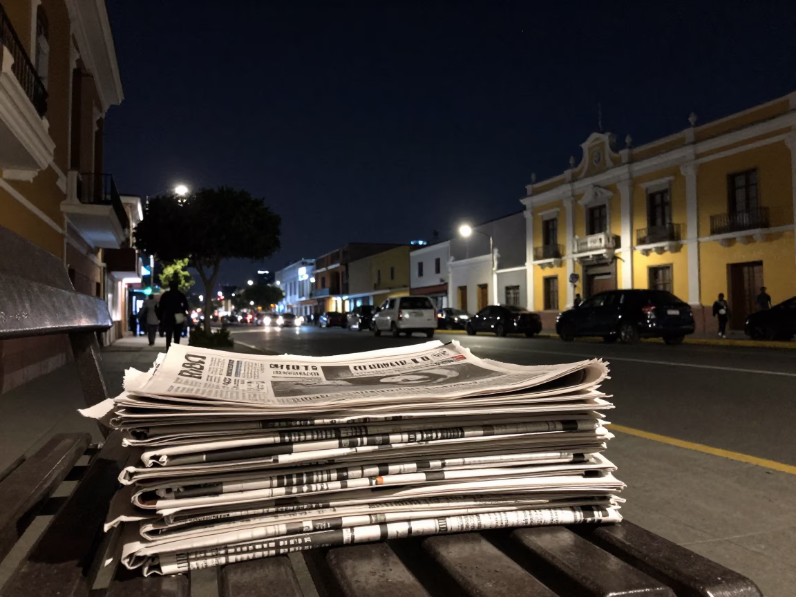 Lima Peru Night Sky Street Scene with Newspaper Stack and Kite Festival in Distance in in Lima, Peru