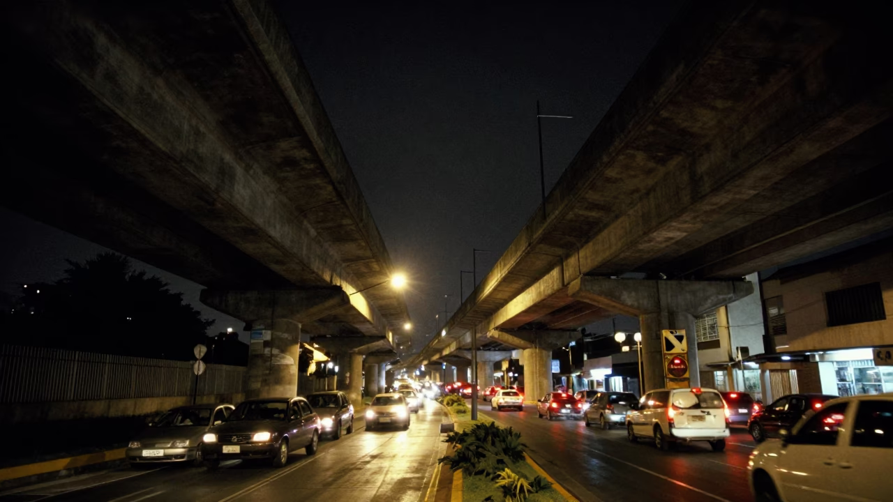 Lima Peru Night Street Scene Under Concrete Flyover With Traffic Shadows And Urban Activity in in Lima, Peru