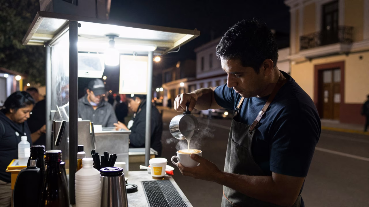 Lima Peru Night Street Scene with Barista Pouring Latte Art and Local Nightlife in in Lima, Peru