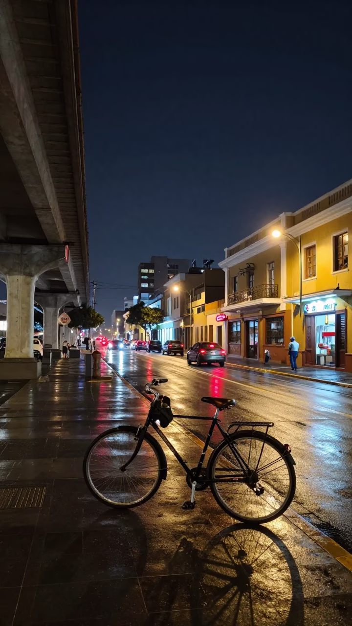 Lima Peru Night Street Scene with Bicycle and Overpass Taillights After Rain in in Lima, Peru