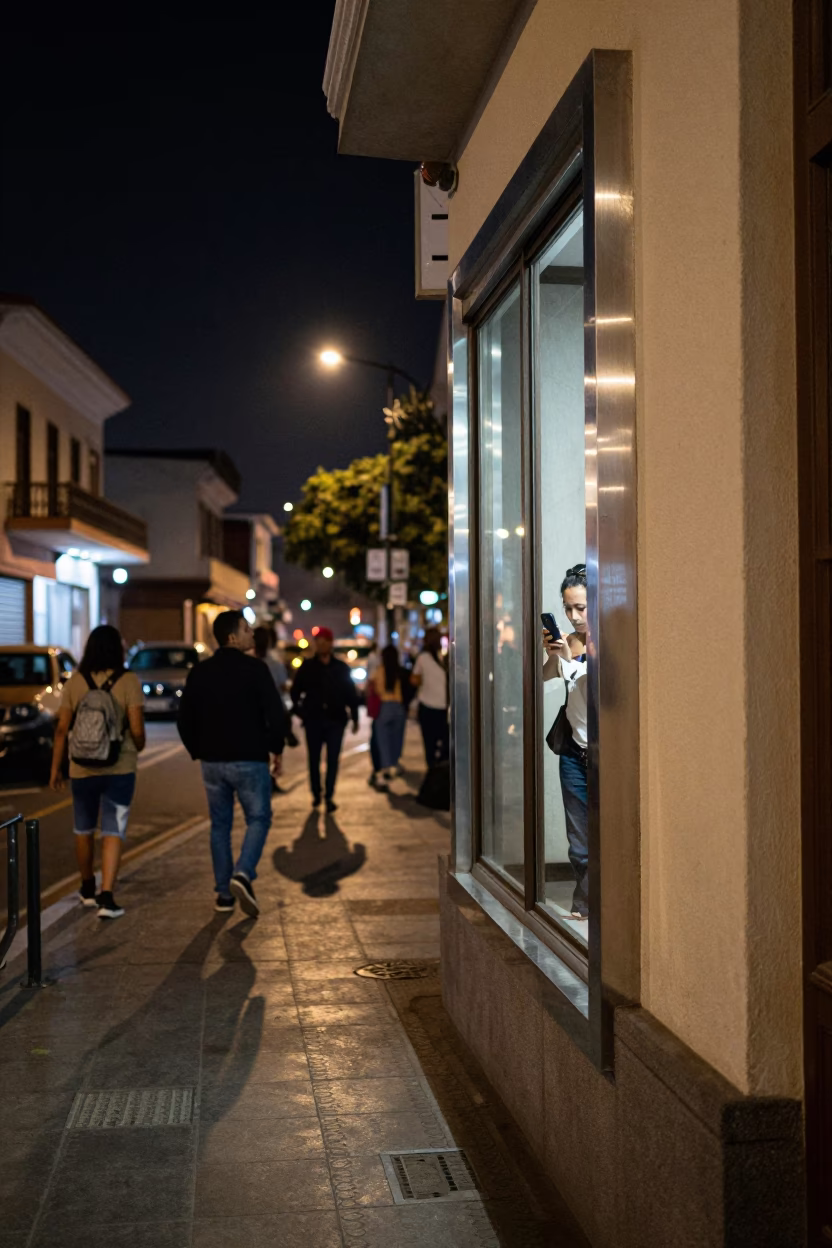 Lima Peru Night Street Scene with Brushed Steel Mirror Edge and Urban Life in in Lima, Peru