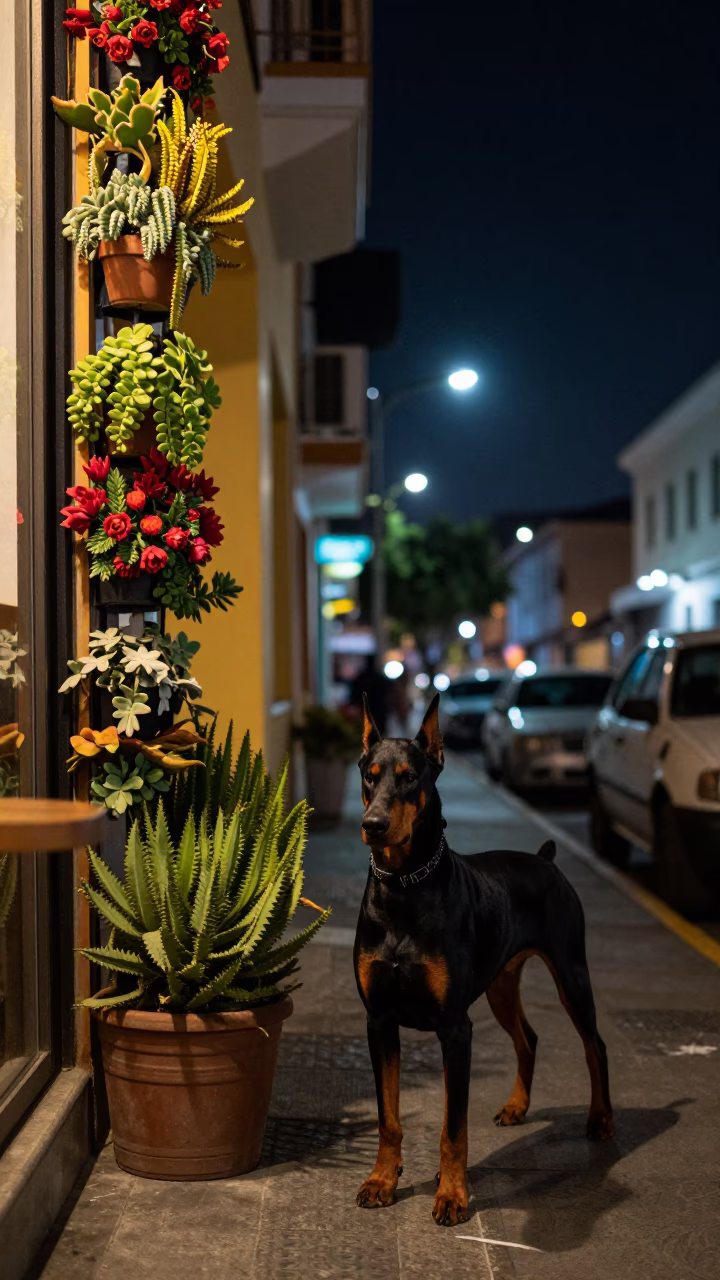 Lima Peru Night Street Scene with Doberman Pinscher and Succulent Living Wall in in Lima, Peru