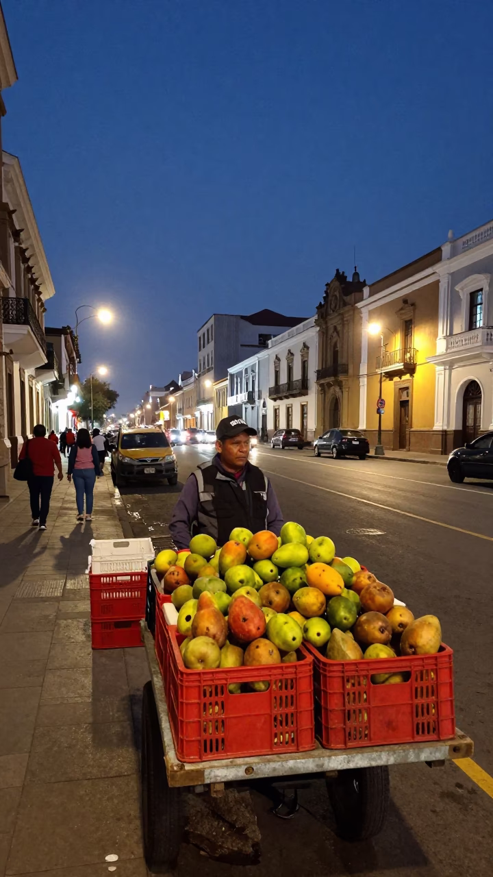 Lima Peru Night Street Scene with Fruit Crates and City Lights in in Lima, Peru