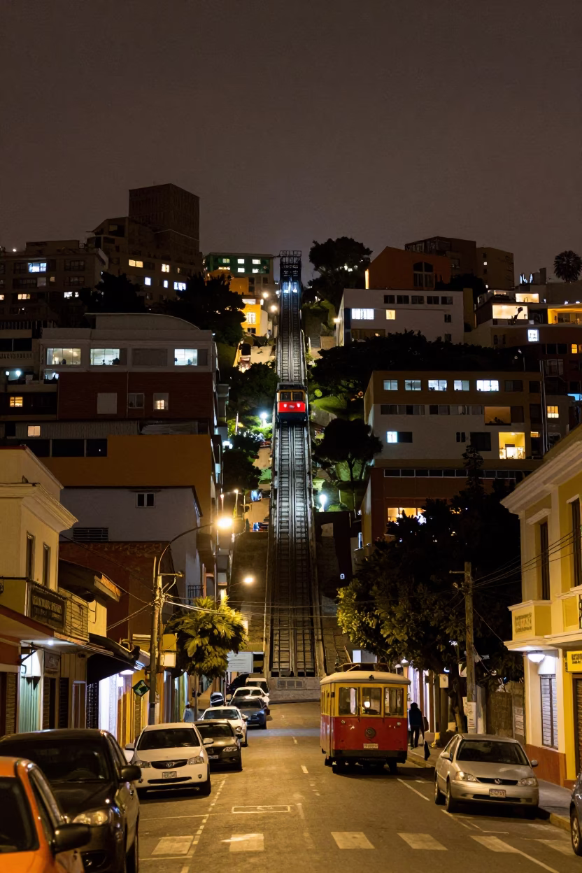 Lima Peru Night Street Scene with Funicular Railway and Urban Architecture in in Lima, Peru