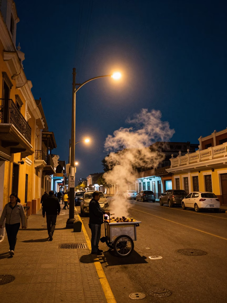 Lima Peru Night Street Scene with Steam and Urban Details in in Lima, Peru