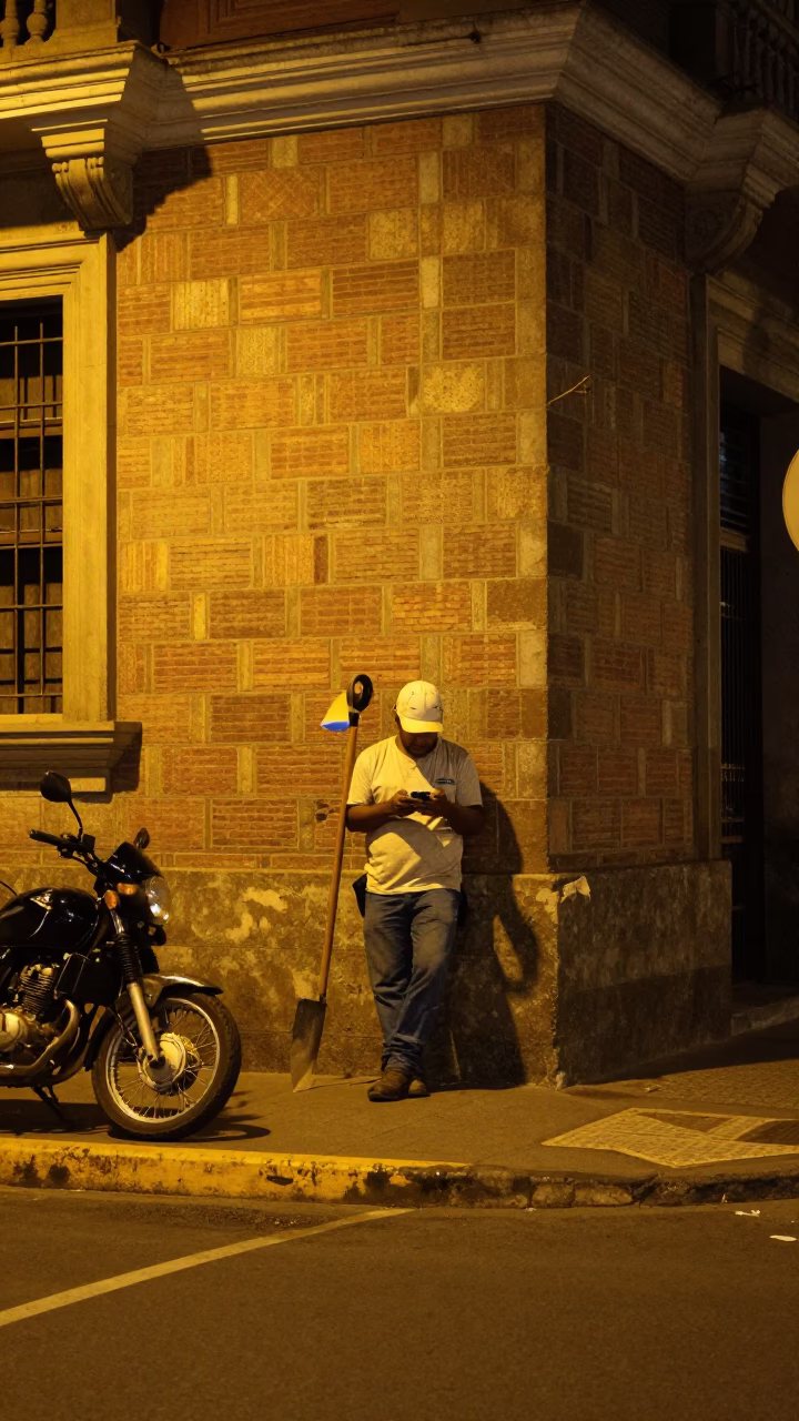 Lima Peru Night Street Scene with Trowel and Motorcycle in in Lima, Peru