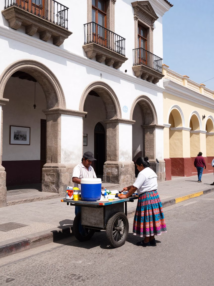 Lima Peru Noon Street Scene with Cooler Jug and Local Interaction in in Lima, Peru
