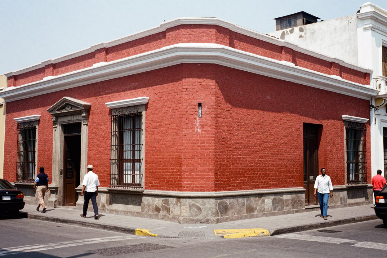Lima Peru Noon Street Scene with Red Brick Architecture and Everyday Local Life in in Lima, Peru