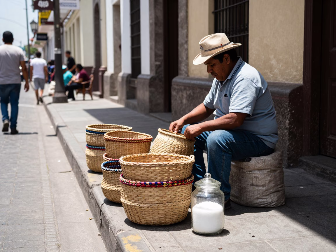 Lima Peru Noon Street Scene with Woven Baskets and Glass Sugar Jar in in Lima, Peru