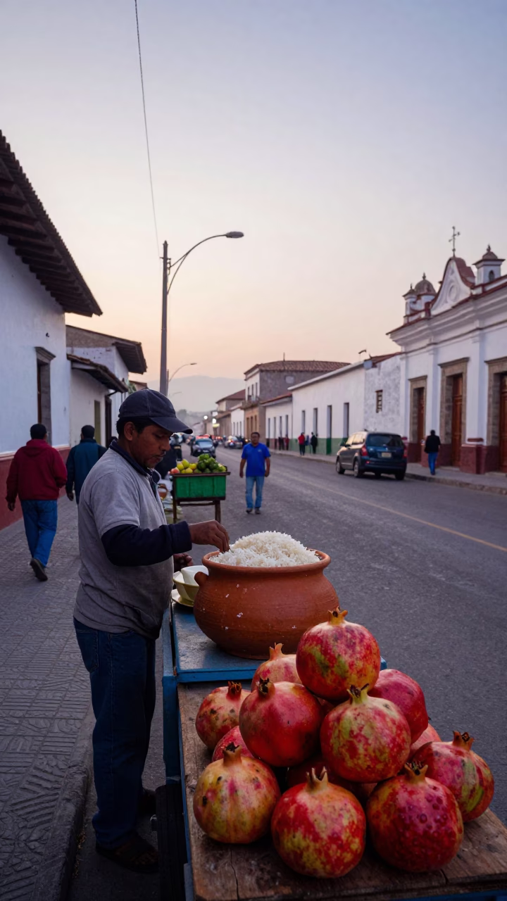 Lima Peru Pre-Dawn Street Scene with Clay Pot Rice and Pomegranate in in Lima, Peru