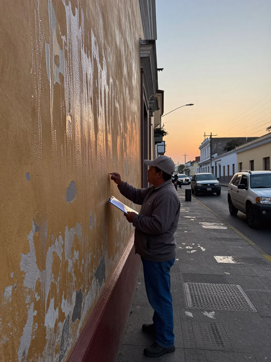 Lima Peru Pre-Dawn Street Scene with Clipboard and Condensation on Wall in in Lima, Peru