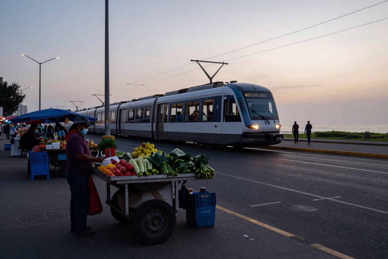 Lima Peru Pre-Dawn Street Scene With Monorail And Local Market Activity in in Lima, Peru