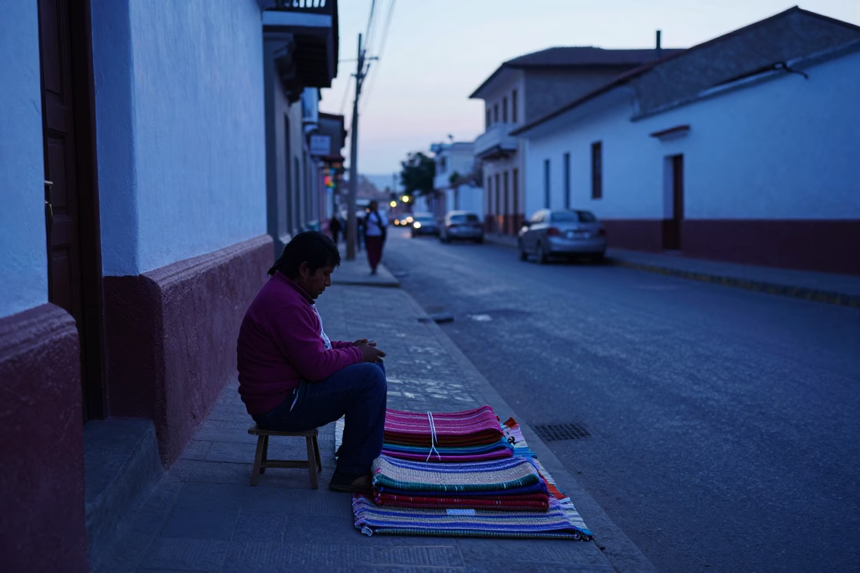 Lima Peru Pre Dawn Street Scene With Woven Mats And Fruit Crate in in Lima, Peru