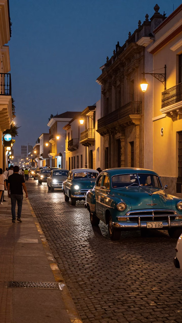Lima Peru Predawn Street Scene with Vintage Car Rally and Local Commerce in in Lima, Peru