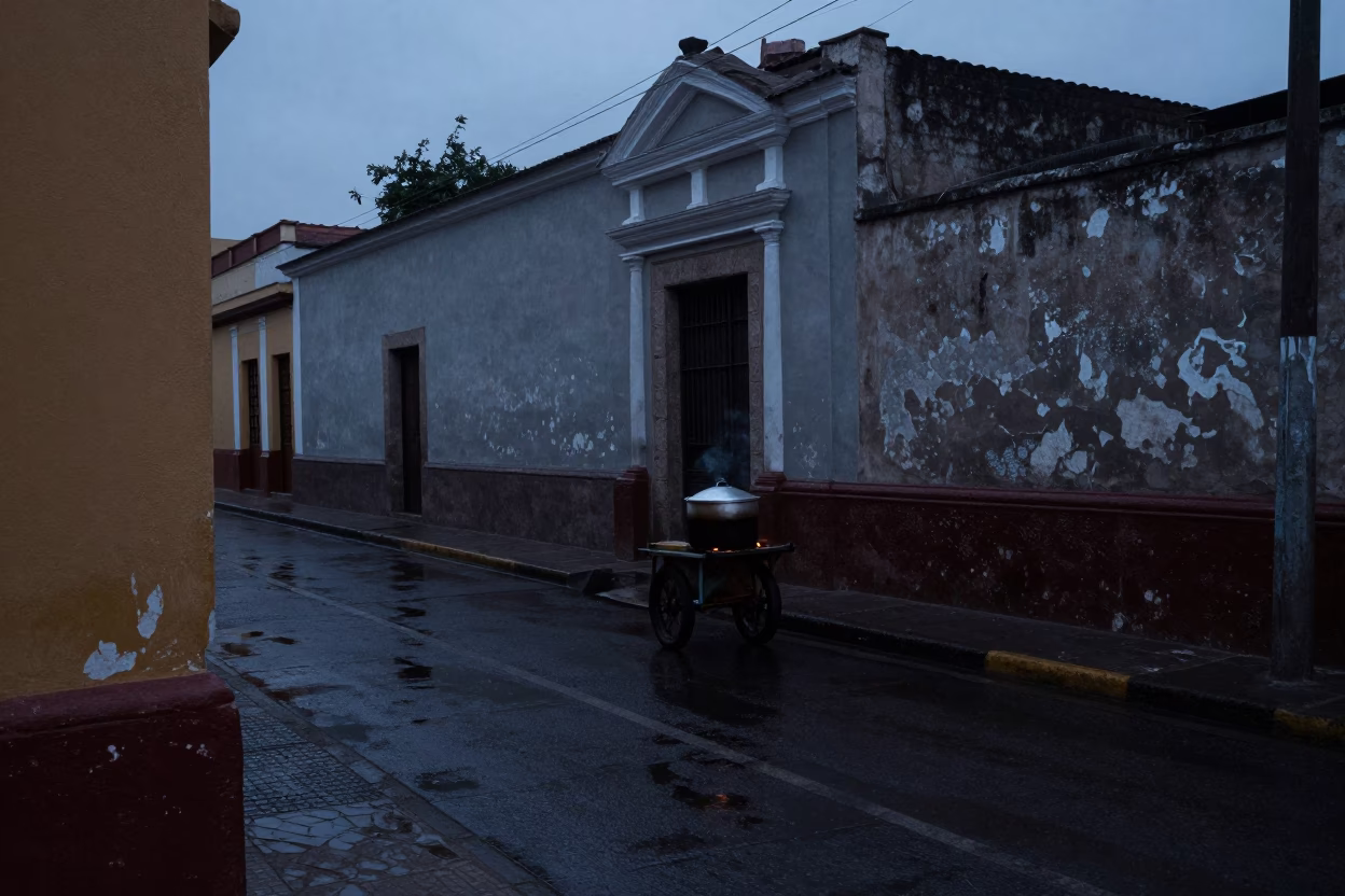 Lima Peru Predawn Street Scene with Water Marks and Cooking Pot in in Lima, Peru