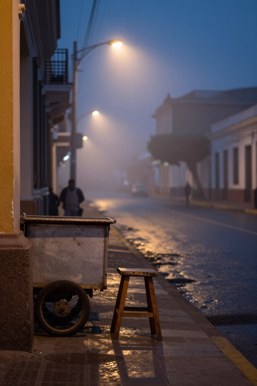 Lima Peru Predawn Street Scene with Wooden Stool and Misty Coastal Light in in Lima, Peru