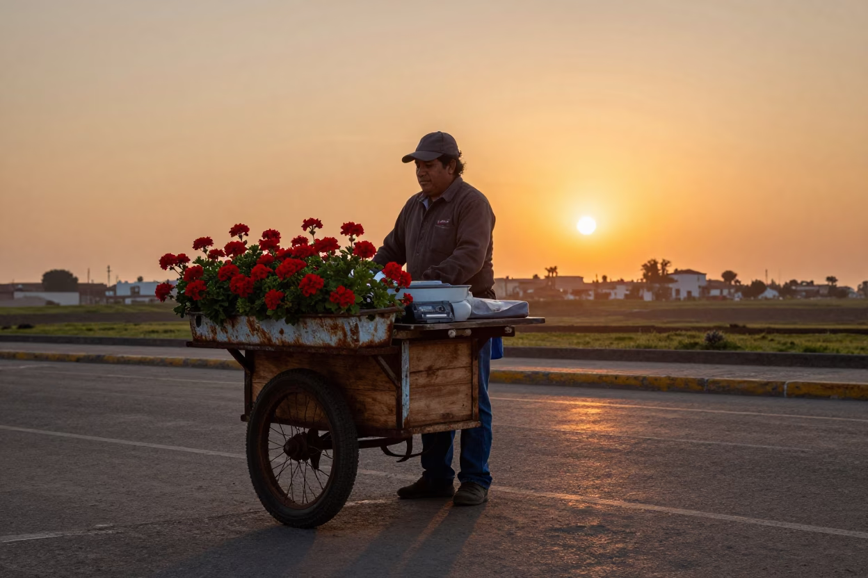 Lima Peru Street Food Vendor at Sunset with Geraniums and Enamel Bowls in in Lima, Peru