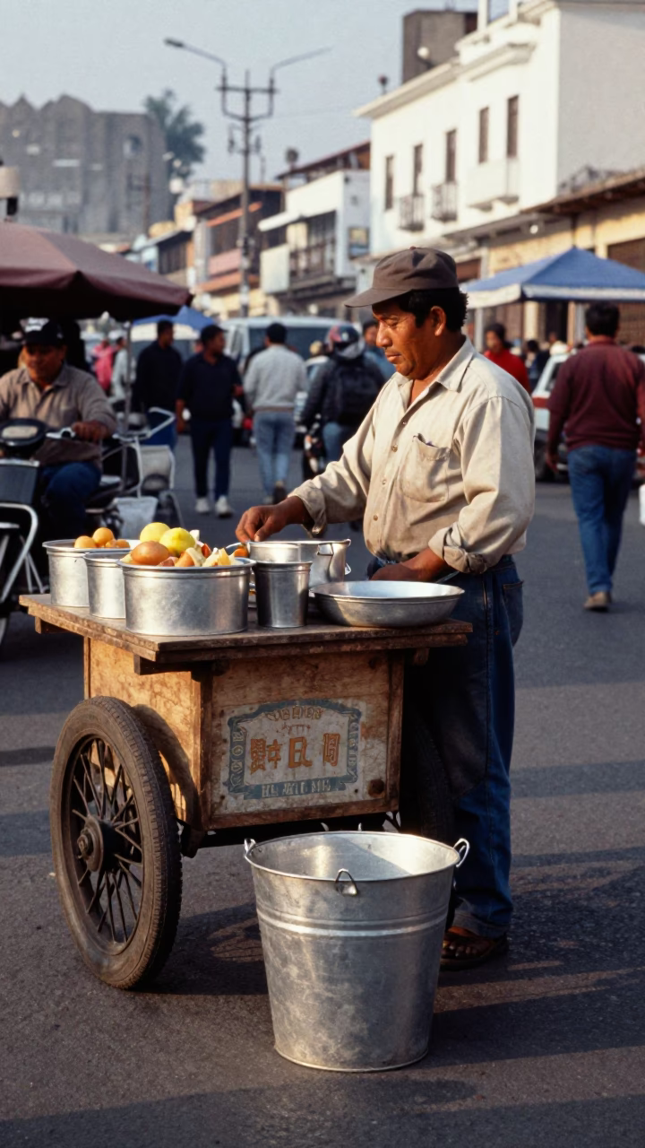 Lima Peru Street Food Vendor Early Afternoon with Metal Bucket and Mug in in Lima, Peru