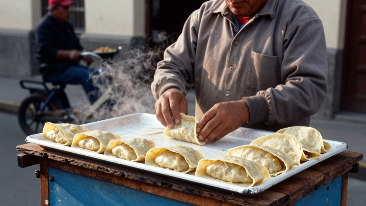 Lima Peru street food vendor serving fresh tamales in early afternoon sunlight in in Lima, Peru