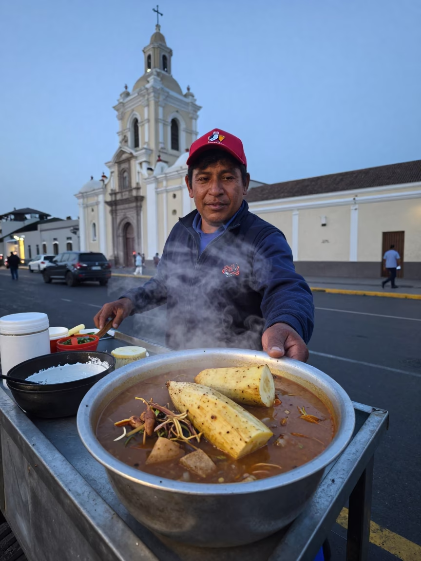 Lima Peru street food vendor serving sancocho stew with yuca at blue hour twilight in in Lima, Peru