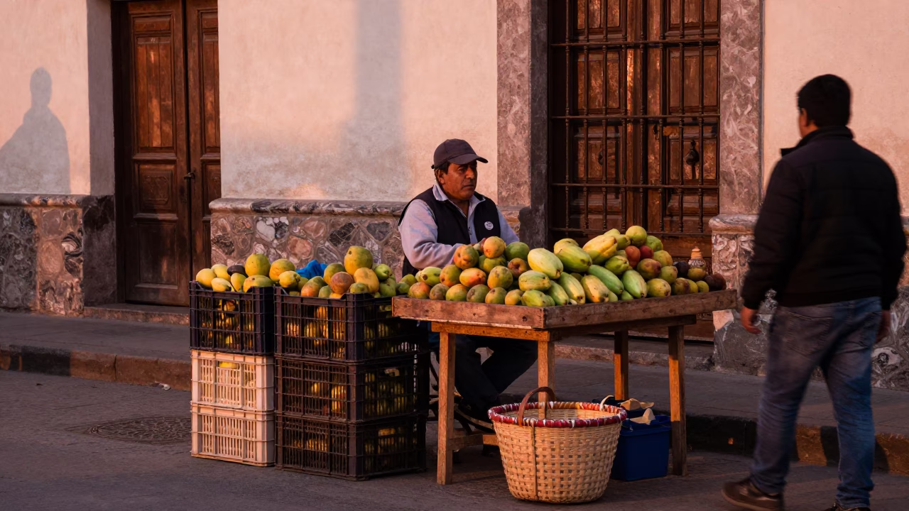 Lima Peru Street Market Scene with Fruit Crates and Local Vendors in Dusk Light in in Lima, Peru