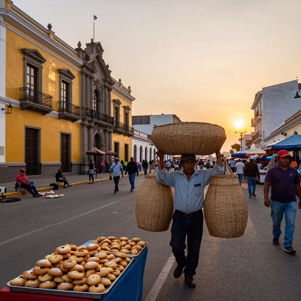 Lima Peru Street Market Scene with Market Porter and Alfajores at Sunset in in Lima, Peru
