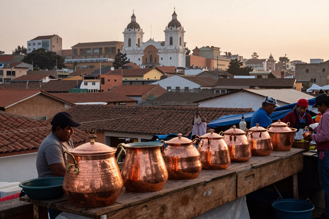 Lima Peru Street Market Sunrise Copper Pots and Lomo Saltado Plate in in Lima, Peru
