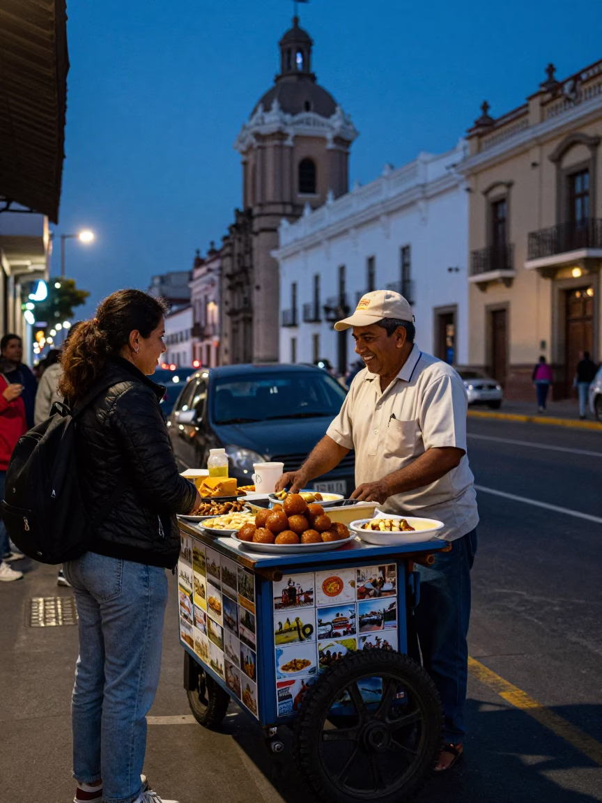 Lima Peru Street Scene at Blue Hour with Local Food and Postcards in in Lima, Peru