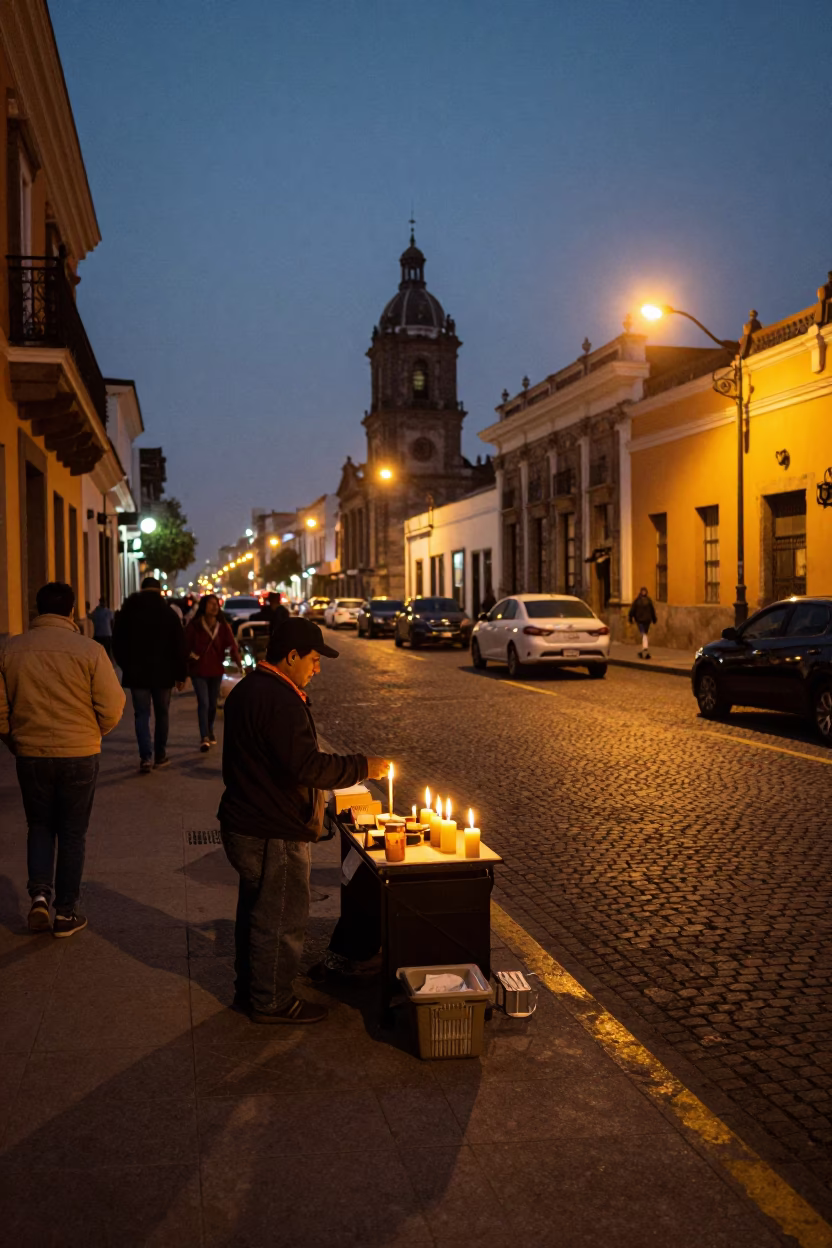 Lima Peru Street Scene at Dusk with Candlelight and Urban Glow in in Lima, Peru